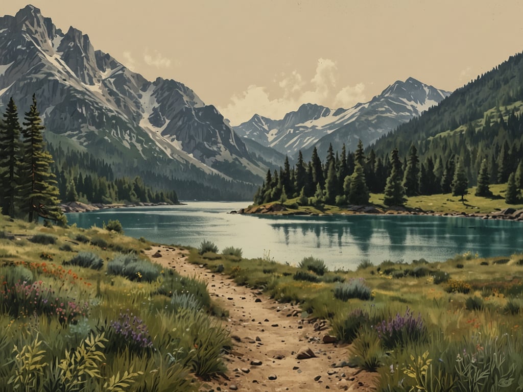 Auf dem Bild sind majestätische Berge, ein ruhiger See und üppige grüne Wiesen zu sehen. Diese unberührte Natur lädt zu verschiedenen Aktivitäten ein. Man könnte zum Beispiel eine Wanderung entlang des malerischen Pfades unternehmen, um die beeindruckende Landschaft zu erkunden. Außerdem bietet der See Möglichkeiten zum Angeln oder für eine entspannende Bootsfahrten. Die blühenden Wiesen laden zum Picknicken ein und sind ein idealer Ort, um die Natur zu genießen und Vögel zu beobachten.