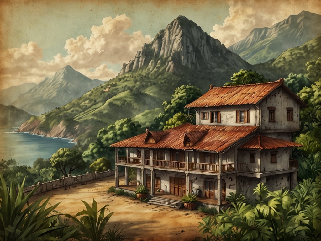 Auf dem Bild ist ein malerisches Grundstück mit einem rustikalen Haus inmitten der Natur zu sehen, umgeben von Bergen und einem Gewässer. Dies erinnert an die kulinarischen Höhepunkte in Canela, Brasilien. In dieser Region sind insbesondere die traditionellen Gerichte wie 