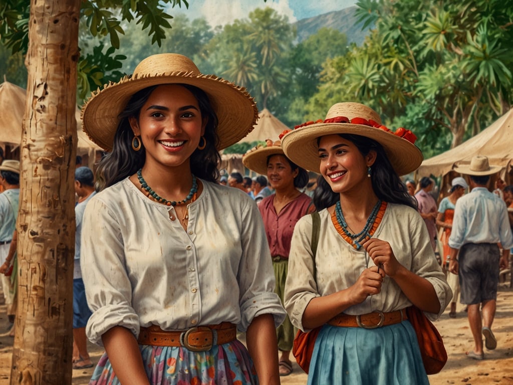 Auf dem Bild sind zwei Frauen zu sehen, die traditionelle Kleidung tragen und fröhlich aussehen. Sie sind wahrscheinlich auf einem Markt oder einem Fest in Canela, Brasilien, wo oft kulturelle Feste gefeiert werden. 

In Canela finden regelmäßig Feste statt, wie das 