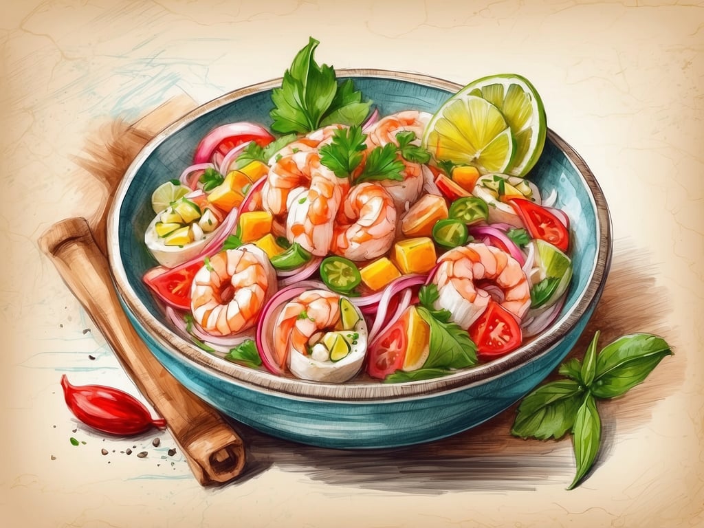 Auf dem Bild ist eine kunstvoll angerichtete Schüssel mit einem frischen Gericht zu sehen, das garnierte Garnelen, Gemüse wie Tomaten, Paprika und Mango sowie Limetten enthält. Dies erinnert an die kulinarischen Highlights von Chiclayo, wo das 