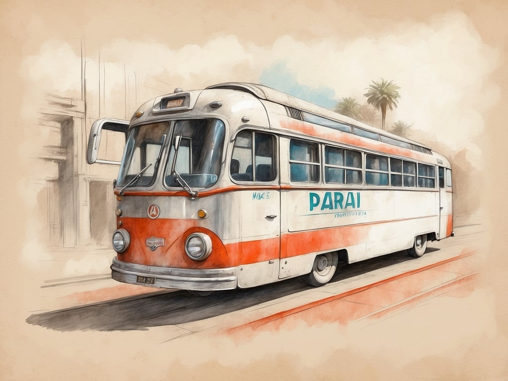 Auf dem Bild ist ein klassischer Bus in einer nostalgischen Darstellungsweise zu sehen. Der Bus hat eine rot-weiße Lackierung und trägt die Aufschrift 