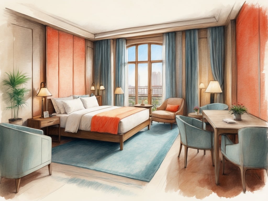 Auf dem Bild ist ein stilvolles Hotelzimmer zu sehen, das an das Casa Andina Standard Miraflores Centro erinnert. Der Raum ist hell und modern gestaltet, mit einer großen Fensterfront, die viel Tageslicht hereinlässt. Die Wände sind in warmen Farben gehalten, und die Einrichtung umfasst ein bequemes Doppelbett, einen Tisch sowie Stühle. Eine Pflanze und dekorative Elemente tragen zur einladenden Atmosphäre des Zimmers bei. Es vermittelt ein Gefühl von Komfort und Eleganz, ideal für Gäste, die eine angenehme Unterkunft in Miraflores suchen.