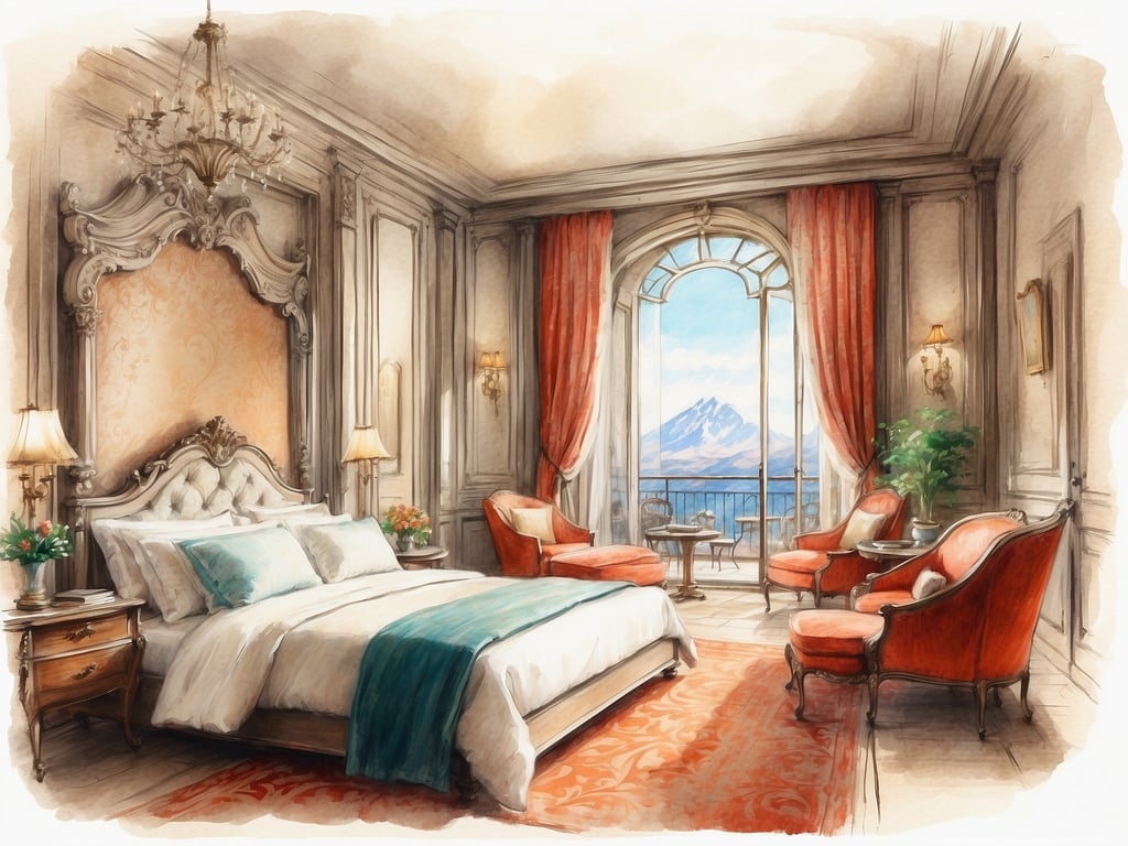 In unserem Zimmer können Sie eine elegante und luxuriöse Atmosphäre erleben. Es verfügt über ein großes, bequemes Bett mit einer stilvollen Kopfzeile und weichen Kissen. Die Einrichtung ist geschmackvoll mit edlen Möbeln, darunter ein Nachttisch und bequeme Sessel in einem warmen Rot. 

Durch die großen Fenster genießen Sie einen atemberaubenden Ausblick auf die Berge, während die sanften Vorhänge und die kunstvollen Leuchten eine gemütliche Stimmung schaffen. In einem kleinen Bereich steht ein Tisch für entspannte Momente. Pflanzen sorgen für einen Hauch von Frische und Lebendigkeit in diesem ansprechenden Raum.