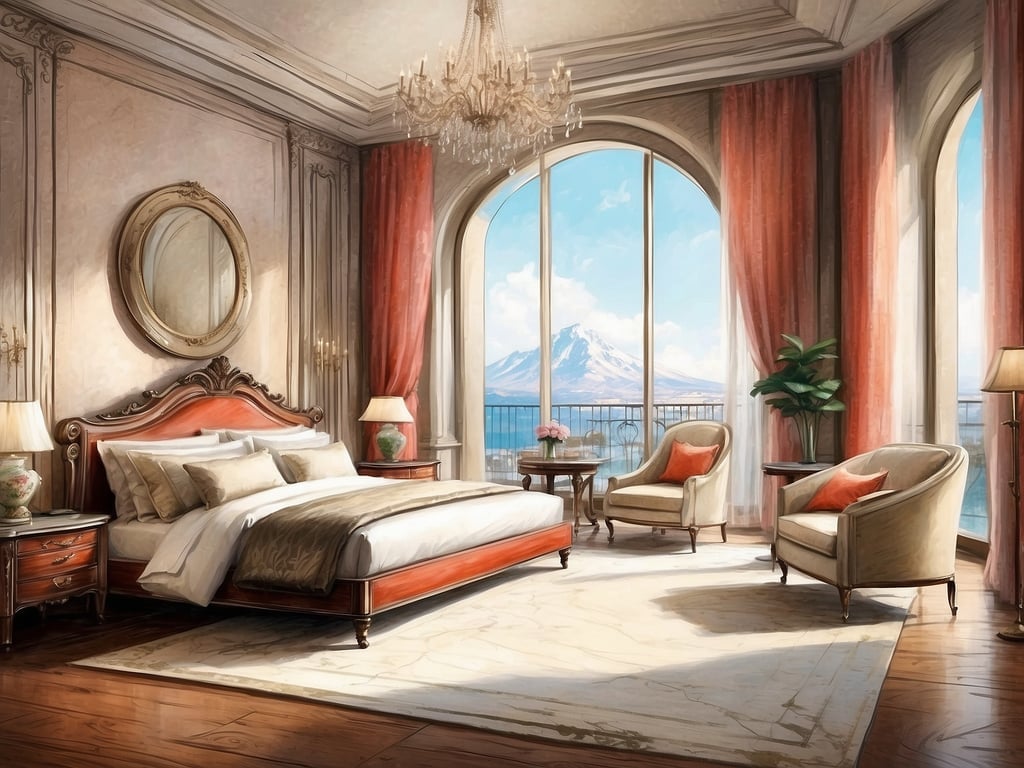 Auf dem Bild ist ein elegantes Schlafzimmer zu sehen. Die Ausstattung umfasst ein großes, bequemes Bett mit mehreren Kissen sowie einen stilvollen Nachttisch und eine dekorative Tischlampe. In der Ecke steht ein kleiner Tisch, umgeben von zwei gemütlichen Sesseln, die ebenfalls dekorative Kissen haben. Die Fenster sind groß und bieten einen Blick auf eine malerische Landschaft mit Bergen, während die Vorhänge in einem warmen Farbton gehalten sind. Ein schöner Teppich liegt auf dem Boden, und die Wände sind geschmackvoll dekoriert. Eine luxuriöse Kristallleuchte hängt von der Decke.