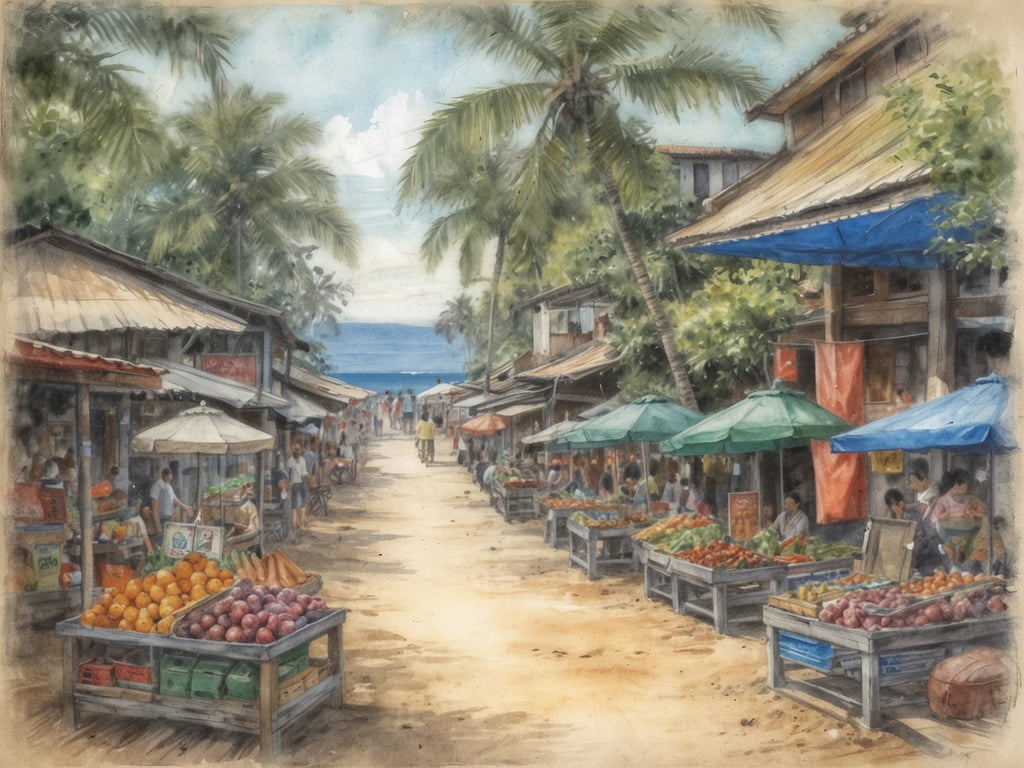 Auf dem Bild ist eine lebhafte Marktszene zu sehen, die eine Straße darstellt, gesäumt von Verkaufsständen, an denen frisches Obst und Gemüse angeboten wird. Die Stände sind mit bunten Sonnenschirmen dekoriert, und es sind verschiedene Menschen sichtbar, die die Waren betrachten oder kaufen. Im Hintergrund kann man das Meer und Palmen erkennen, was auf eine tropische Umgebung hinweist, möglicherweise in der Nähe von Phuket. Diese Szene spiegelt die einladende und lebendige Atmosphäre lokaler Märkte in dieser Region wider.