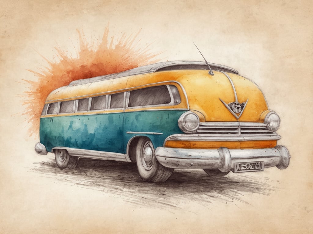 Auf dem Bild ist ein nostalgischer Bus zu sehen, der in lebhaften Farben gestaltet ist. Dieser art déco-inspirierte Bus könnte als ideales Transportmittel für ein Resort dienen, um Gästen einzigartige Erlebnisse zu bieten. 

Stellen Sie sich vor, wie dieser charmante Bus durch malerische Landschaften fährt, während die Gäste an Bord ruhige Gespräche führen oder sich auf ein bevorstehendes Abenteuer freuen. Solch ein Fahrzeug könnte an einem Resort zum Einsatz kommen, um Tagesausflüge zu beliebten Sehenswürdigkeiten oder unvergessliche Abende mit einem Sonnenuntergang am Strand zu organisieren. Die gemütliche Atmosphäre und der stilvolle Look des Busses verleihen jedem Erlebnis einen Hauch von Nostalgie und Stil.
