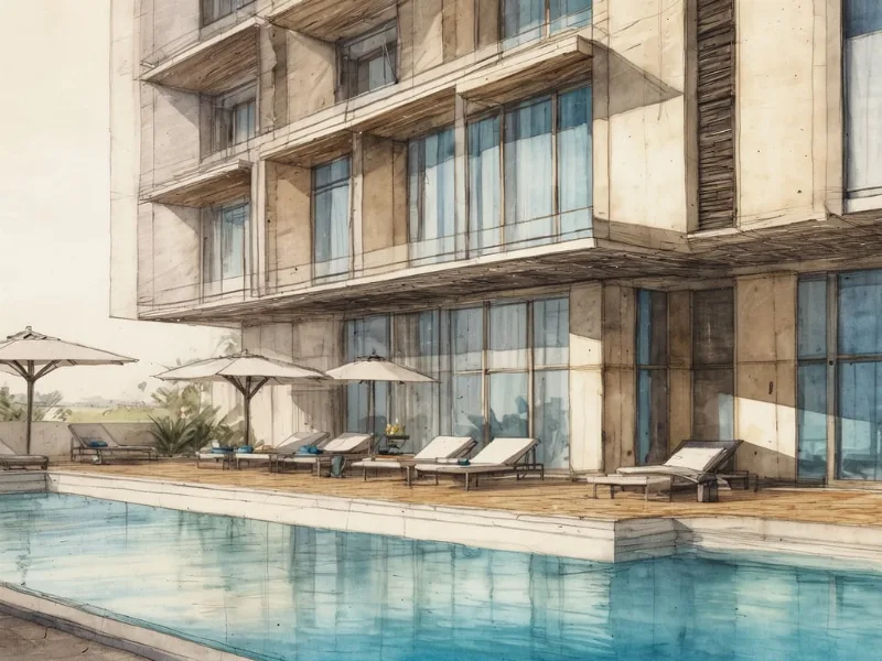 Architektur-Illustration eines modernen Hochhaus-Hotels mit beige-sandsteinfarbener Fassade, großen Balkonen und vertikalem Glaselement, Palmenpflanze im Vordergrund