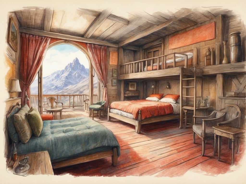 Auf dem Bild ist ein gemütliches Zimmer in einer Berghütte zu sehen. Die Unterkunft bietet zwei Schlafmöglichkeiten: ein großes Bett und ein Hochbett. Durch die großen Fenster hat man einen wunderbaren Blick auf die umliegenden Berge, was die Atmosphäre sehr einladend macht. 

Zu den Aktivitäten, die man in einer solchen Unterkunft unternehmen kann, gehören Wandern in der Natur, Entspannen auf der Terrasse, oder einfach das Genießen der herrlichen Landschaft durch die Fenster. Das rustikale Design des Zimmers fördert ein Gefühl von Behaglichkeit und Verbundenheit mit der Natur.