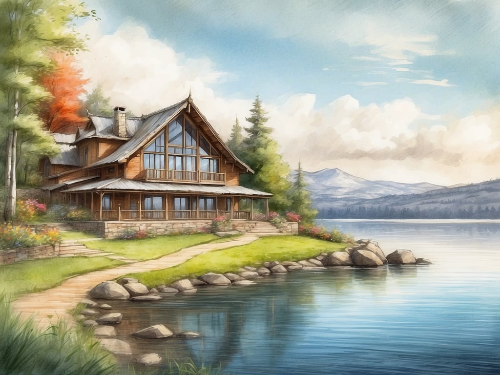 Auf dem Bild ist ein malerisches, zweigeschossiges Holzhaus direkt am Ufer eines Sees zu sehen. Die Architektur ist rustikal und einladend, mit großen Fenstern, die viel Licht hereinlassen und einen Blick auf die Umgebung bieten. Um das Haus herum gibt es einen geschwungenen Weg, der von bunten Blumen und Bäumen gesäumt ist.

Die Umgebung ähnelt der des Center Parc Le Lac d'Ailette, das ebenfalls in einer schönen Naturkulisse liegt. In dieser Region gibt es viel Wasser und Grünflächen, umgeben von sanften Hügeln und Wäldern. Der Parc bietet zahlreiche Freizeitmöglichkeiten wie Wassersport und Wanderungen, ideal für Familien und Naturliebhaber. Die friedliche Atmosphäre des Bildes spiegelt die Ruhe und Schönheit der Gegend wider, die Besucher des Center Parc schätzen.