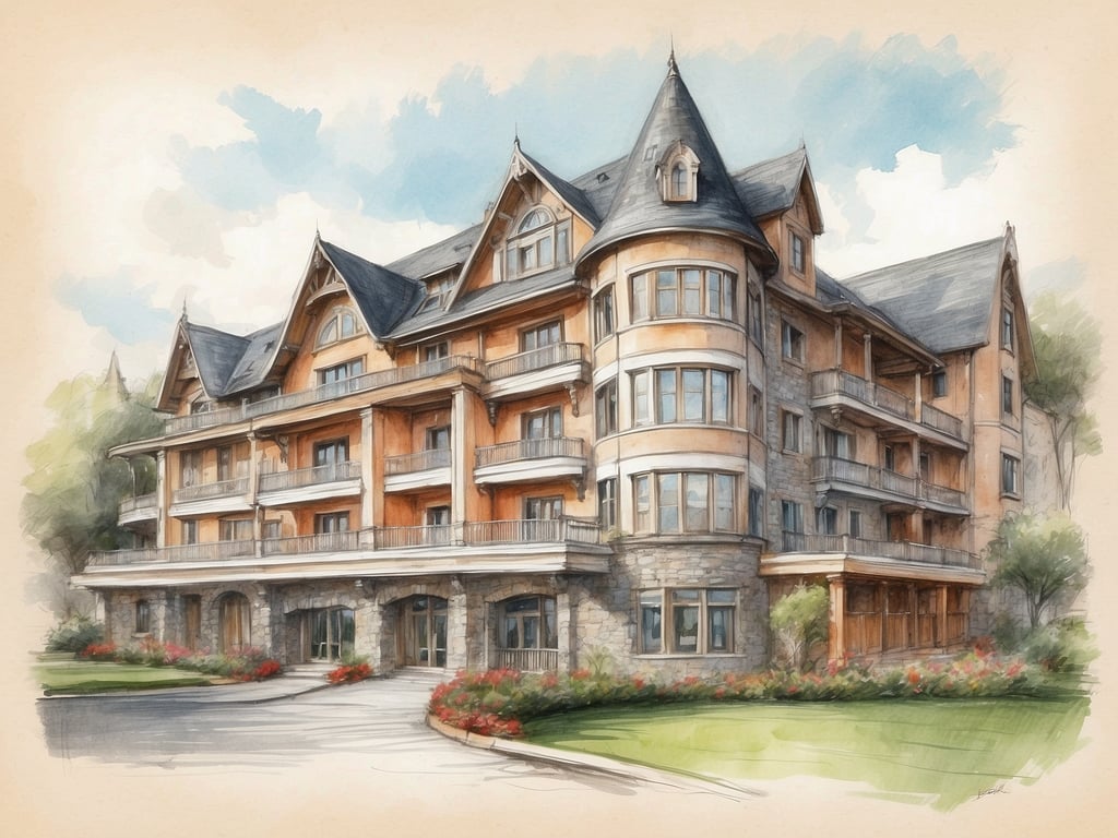 Auf dem Bild ist ein stilvolles Gebäude zu sehen, das an ein Hotel oder eine exklusive Pension erinnert. Die Architektur kombiniert Holz und Natursteine, was ihm ein einladendes Aussehen verleiht. Es könnte eine gute Option für Übernachtungen in einer malerischen Umgebung sein, ideal für Reisende, die Komfort und eine Nähe zur Natur suchen. Außerdem gibt es schöne Außenanlagen mit Blumen, die zum Verweilen einladen.