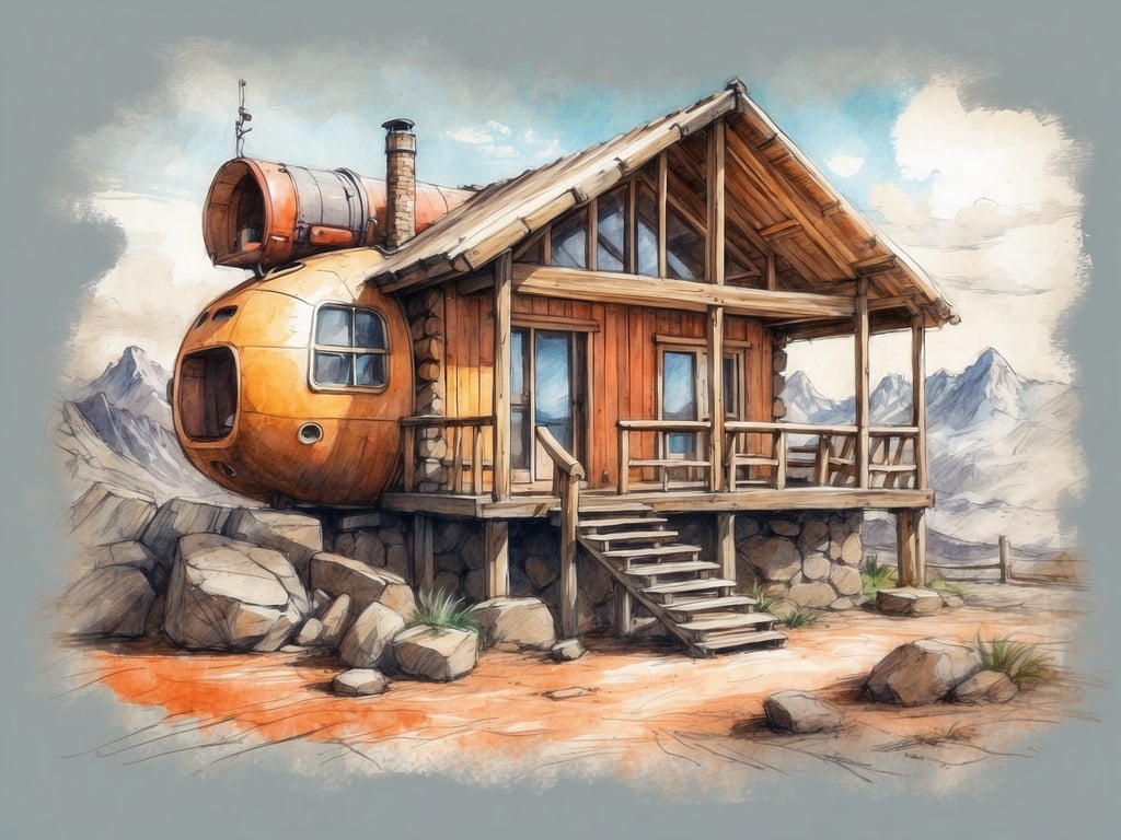 Auf dem Bild ist eine innovative Unterkunft zu sehen, die aus Holz und einem kugelförmigen Element besteht. Die Unterkunft liegt in einer bergigen Umgebung und scheint von einer schönen natürlichen Landschaft umgeben zu sein. 

Zu den Aktivitäten, die hier durchgeführt werden könnten, gehören Wandern, Naturerkundungen und Entspannung in der ruhigen Umgebung. Außerdem wäre es möglich, die Aussicht von der Terrasse zu genießen oder die umliegende Natur zu fotografieren.