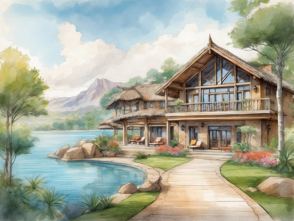 Auf dem Bild ist ein malerisches Haus am Wasser zu sehen, umgeben von einer grünen Landschaft mit Bäumen und Blumen. Besonders auffällig ist die großzügige Veranda mit bequemen Stühlen, die einen Blick auf das Wasser und die Berge im Hintergrund bietet. 

**Was ist Center Parc Villages Nature Paris?** Es handelt sich um ein Urlaubsresort in der Nähe von Paris, das eine Kombination aus Natur, Entspannung und Freizeitaktivitäten bietet. Das Resort umfasst verschiedene Unterkünfte, wie Ferienhäuser und Bungalows, sowie zahlreiche Freizeitangebote wie Wasserparks, Wellnessbereiche und Naturerlebnisse. Es ist ein beliebtes Ziel für Familien und Reisende, die Erholung und Abenteuer in einer schönen Umgebung suchen.
