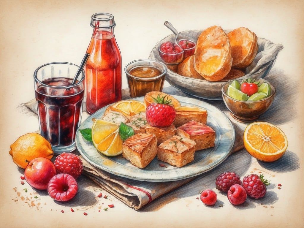 Auf dem Bild sind verschiedene Speisen und Getränke zu sehen. Es gibt eine Auswahl an süßen Leckereien, darunter einige mit Fruchtgeschmack. Dazu liegen frische Früchte wie Erdbeeren, Zitronen, Äpfel, Himbeeren und eine grüne Frucht. 

Die Getränke umfassen ein Glas mit einer dunklen Flüssigkeit und eine Flasche mit einer helleren, möglicherweise fruchtigen Limonade. Daneben sind auch einige Gebäckstücke zu sehen, die in einer Schüssel angerichtet sind. Insgesamt vermittelt das Bild eine einladende und farbenfrohe Atmosphäre.
