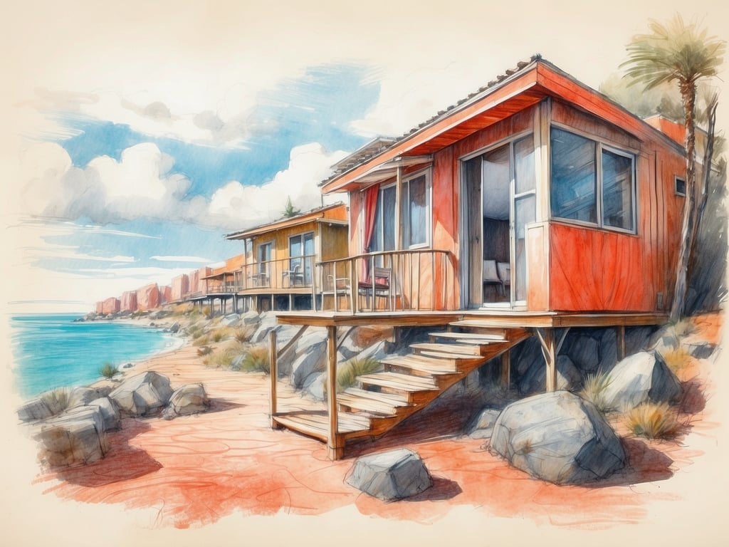 Auf dem Bild sind bunte Unterkünfte zu sehen, die sich nahe am Wasser befinden. Die Unterkünfte sind Holzchalets oder -häuser, die auf Stelzen stehen und eine Terrasse haben. Sie sind umgeben von Felsen und einem sandigen Ufer, mit Blick auf das Meer. Die Landschaft wirkt einladend und malerisch, unter einem klaren Himmel mit einigen Wolken.