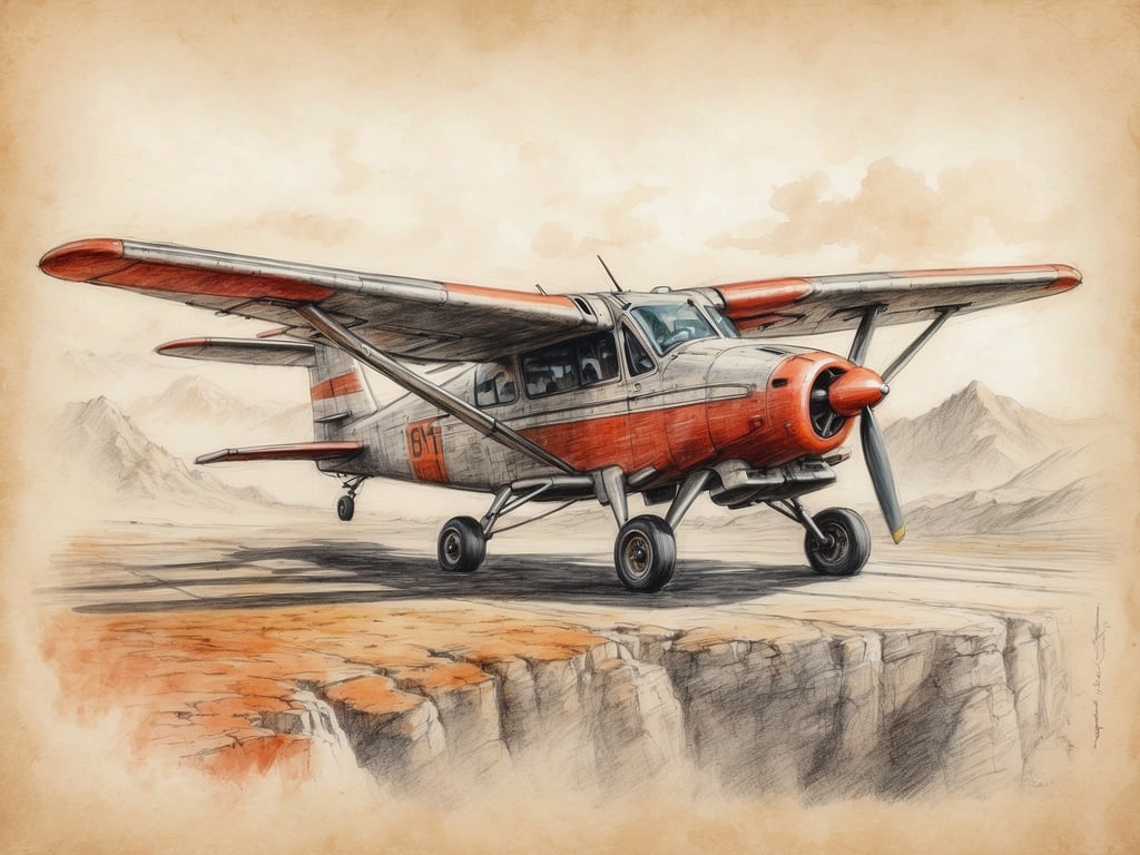 Das Bild zeigt ein Flugzeug, das sich auf der Kante eines steil abfallenden Geländes befindet. 

Einführung: Das Flugzeug ist in einem markanten rot-weißen Farbschema gestaltet und wirkt bereit zum Abheben. 

Lage: Es steht auf einer unebenen Fläche, umgeben von einer rauen, bergigen Landschaft, die im Hintergrund sichtbar ist. Die Umgebung vermittelt einen Eindruck von Weite und Natur, während die Kante des Geländes eine dramatische Tiefe erzeugt.