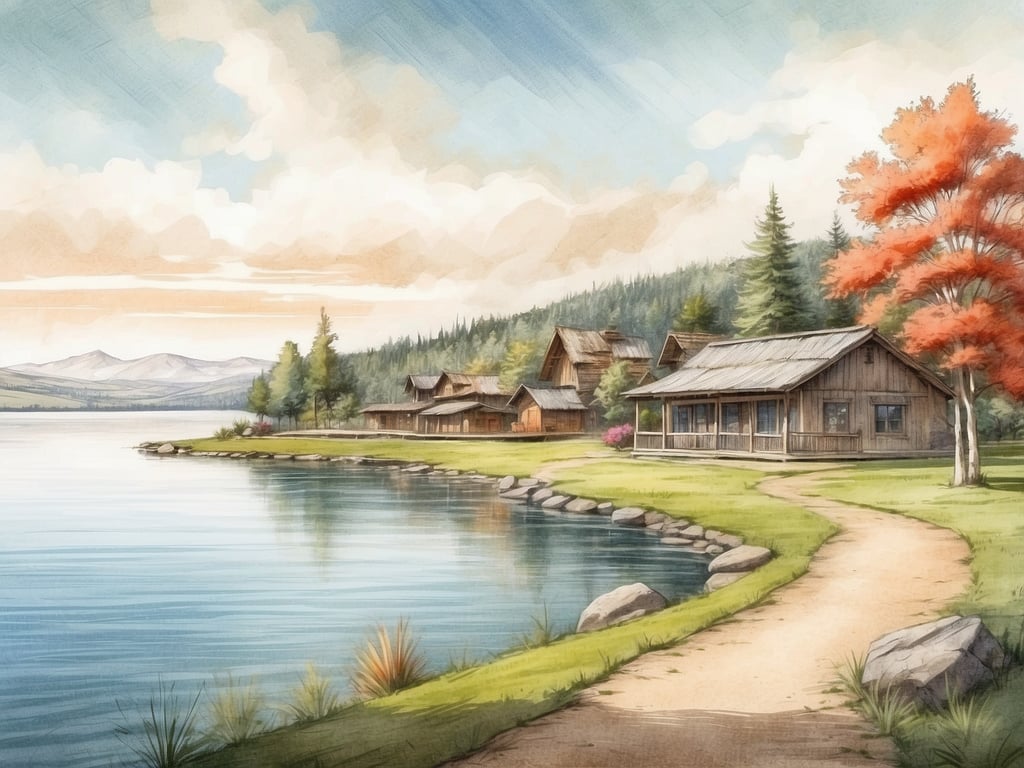 Auf dem Bild ist eine malerische Landschaft mit einer ruhigen Wasserfläche, umgeben von Hütten, Bäumen und einem Weg zu sehen. Die Stimmung wirkt friedlich und idyllisch. Etwas Ähnliches könnte man in der Umgebung von Center Parcs Sandur finden, wo sich ebenfalls attraktive Ferienhäuser in einer naturnahen Umgebung befinden, oft in der Nähe von Gewässern und Wäldern.