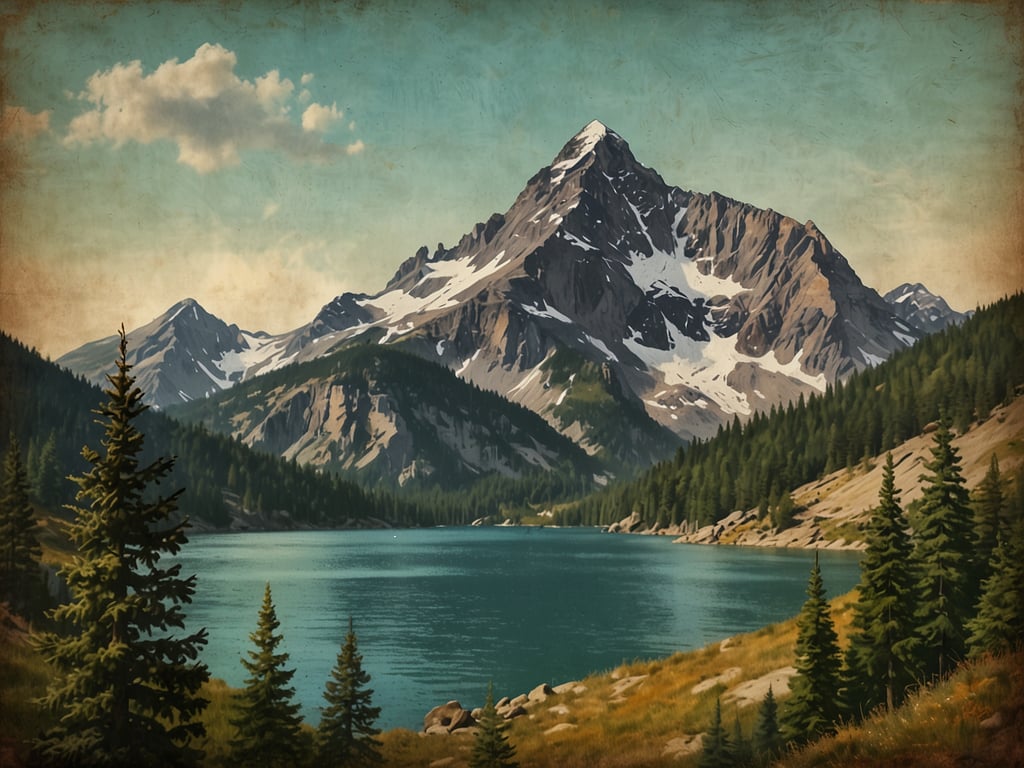 Auf dem Bild ist eine malerische Berglandschaft zu sehen. Im Vordergrund erstreckt sich ein ruhiger See mit klarem, blaugrünem Wasser, umgeben von einer üppigen, grünen Ufervegetation. Die Berge im Hintergrund sind majestätisch, mit schneebedeckten Gipfeln, die in den Himmel ragen. Die Landschaft wird von dichten Nadelwäldern flankiert, die an den Hängen der Berge wachsen. Über dem gesamten Szenario schwebt ein blauer Himmel mit ein paar sanften Wolken, was zur friedlichen Atmosphäre beiträgt. Diese Naturschönheiten sind charakteristisch für alpine Regionen und zeigen die beeindruckende Schönheit der Natur.