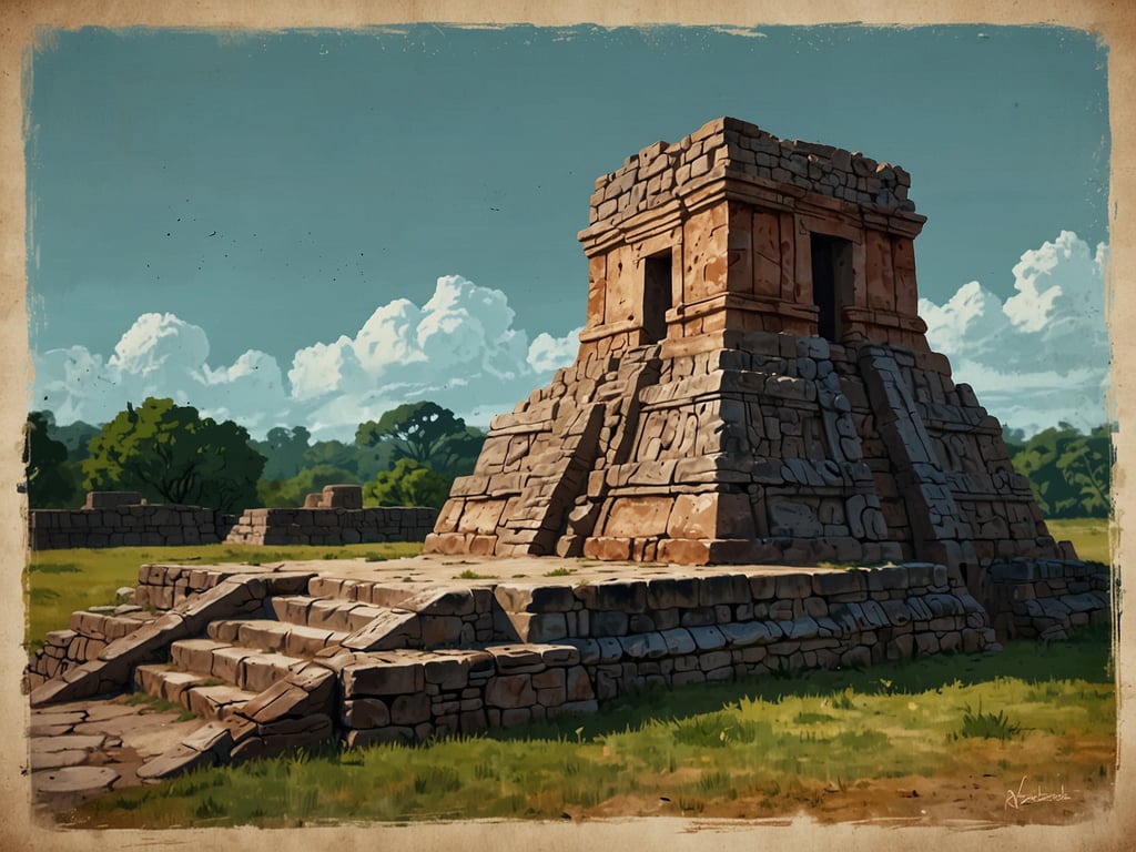 Das Bild zeigt eine beeindruckende Ruine, die typische Merkmale von Maya-Architektur aufweist. Diese Struktur könnte Teil des Cerros Maya Ruinenkomplexes in Belize sein, der für seine gut erhaltenen Tempel und städtischen Überreste bekannt ist. Cerros war einst ein bedeutendes politisches und kulturelles Zentrum der Maya, gelegen an der Küste des karibischen Meeres. 

Die Darstellung zeigt eine pyramidenförmige Tempelanlage mit Stufen, welche in der Maya-Kultur oft religiösen Zwecken dienten. Die Ruinen sind von einer üppigen, grünen Landschaft umgeben, was die majestätische Atmosphäre dieses historischen Ortes unterstreicht.