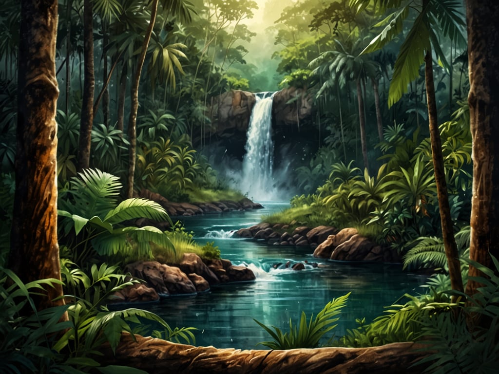 Auf dem Bild ist eine malerische Landschaft zu sehen, die die beeindruckende Vielfalt des Chagres Nationalparks widerspiegelt. Im Vordergrund befinden sich üppige grüne Pflanzen und Bäume, während im Hintergrund ein Wasserfall sanft in einen klaren, ruhigen Fluss fließt. Das Licht, das durch das Blätterdach dringt, schafft eine friedliche und einladende Atmosphäre, die die reiche Biodiversität und die atemberaubende Naturschönheit des Parks hervorhebt. Die Szenerie vermittelt ein Gefühl von Ruhe und der unberührten Natur, die im Chagres Nationalpark zu finden ist.