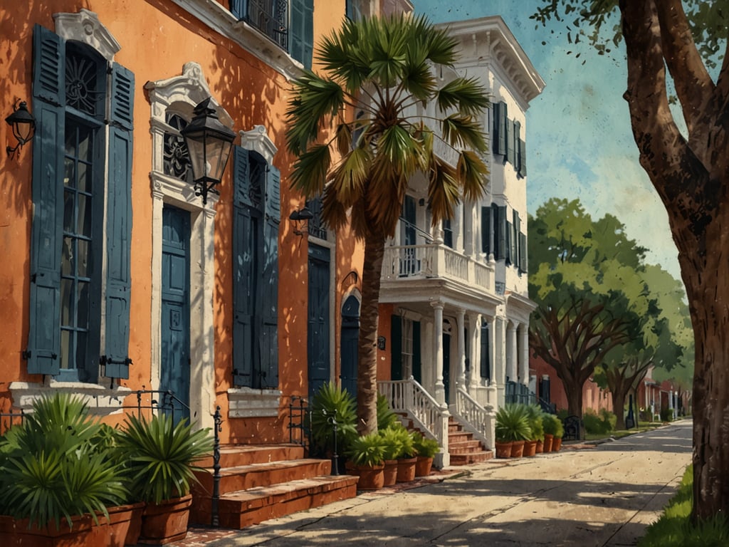 Auf dem Bild ist eine malerische Straßenszene aus Charleston zu sehen. Die Architektur zeigt typische Häuser mit bunten Fassaden, insbesondere in einem warmen Orangeton, und blauen Fensterläden. Die Treppen und das Geländer sind aus hellem Holz gestaltet, und die Straße ist von üppigem Grün umgeben, einschließlich Palmen und Pflanzen in Töpfen. Die Atmosphäre wirkt einladend und spiegelt den charmanten, historischen Charakter von Charleston wider, der bekannt für seine gut erhaltenen Gebäude und lebendige Kultur ist.