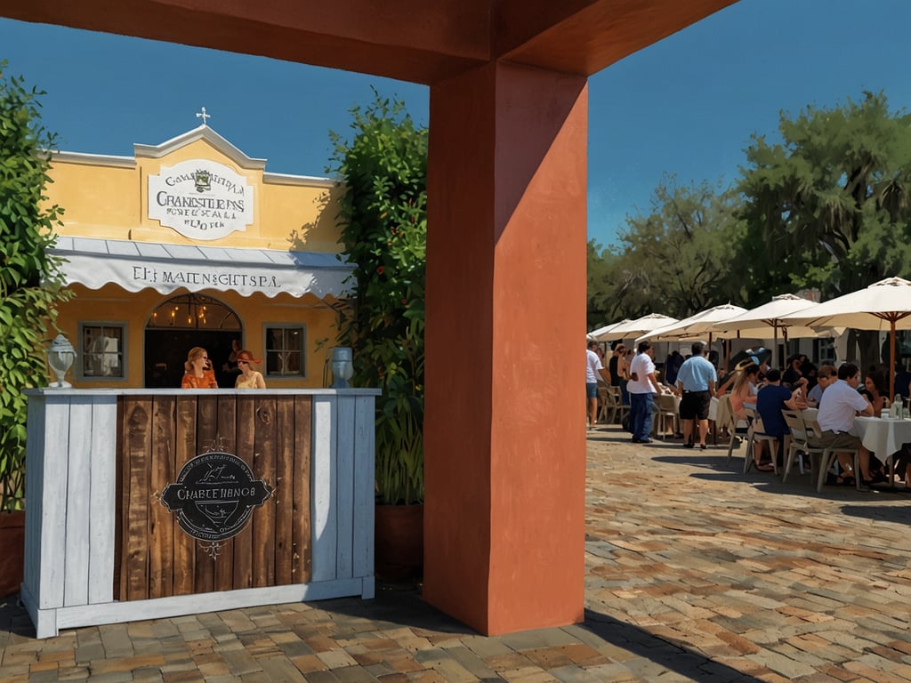 Auf dem Bild ist eine Außengastronomie zu sehen, die wahrscheinlich Teil eines Festivals oder einer Veranstaltung in Charleston ist. Die Szene könnte an einem sonnigen Tag während eines kulinarischen Events wie dem 