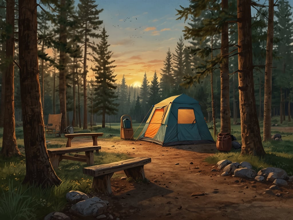 Auf dem Bild ist ein schöner Campingplatz zu sehen. Inmitten von hohen Bäumen steht ein orange-blaues Zelt, umgeben von einem ruhigen Wald. Es gibt einige Holztische und Bänke sowie eine gemütliche Atmosphäre bei Sonnenuntergang. Es sieht nach einem perfekten Ort für einen Check-in am Campingplatz aus, um die Natur zu genießen und zu entspannen.