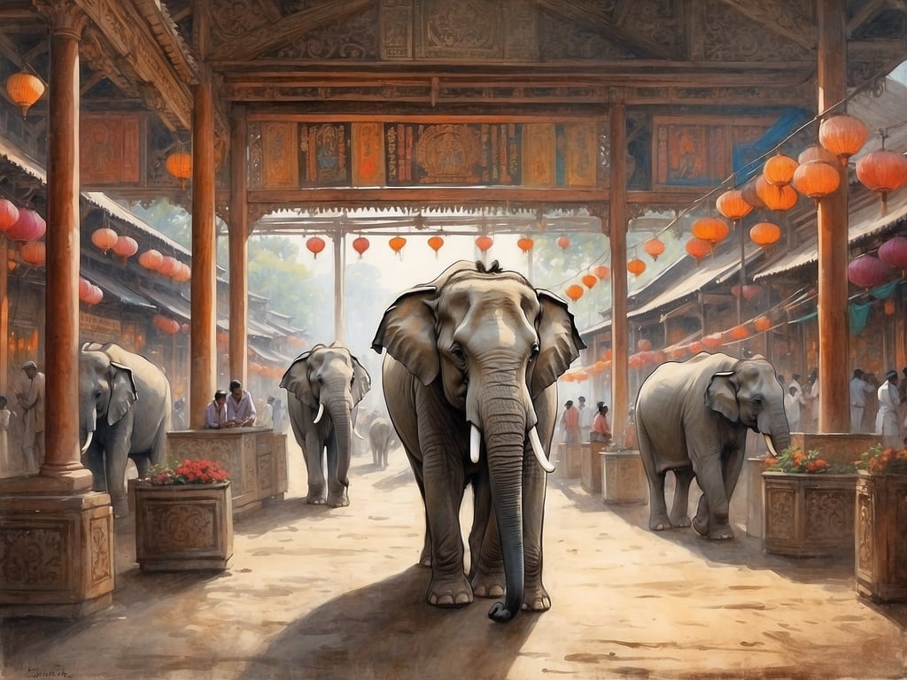 Auf dem Bild sind Elefanten in einer traditionellen Umgebung zu sehen, die an Märkte oder Tempel in Chiang Mai erinnert. In Chiang Mai gibt es zahlreiche Möglichkeiten, Elefanten in ihrem natürlichen Lebensraum zu erleben. Besucher können Elefantenreservate besichtigen, wo sie mehr über den Schutz dieser majestätischen Tiere erfahren und sie hautnah erleben können.

Zudem ist die Stadt bekannt für ihre lebhaften Märkte, wie den Nachtmarkt, wo man lokale Kunsthandwerke und Köstlichkeiten kaufen kann. Die rot leuchtenden Laternen könnten auf festliche Anlässe oder traditionelle Feste hinweisen, die in Chiang Mai häufig gefeiert werden. Diese Kombination aus Kultur, Natur und Tiererlebnissen macht Chiang Mai zu einem einzigartigen Reiseziel.