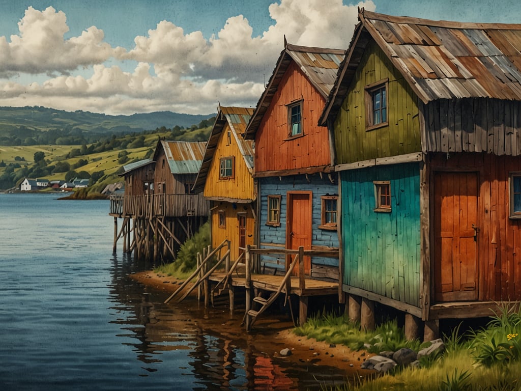 Auf dem Bild sind farbenfrohe Holzchalets zu sehen, die auf Stelzen am Ufer einer ruhigen Wasserfläche stehen. Diese Architektur spiegelt die kulturelle Bedeutung von Chiloé wider, wo Mensch und Natur in einem harmonischen Einklang leben. Die bunten Häuser sind charakteristisch für die Region und stehen symbolisch für die enge Verbindung der Bewohner zur Natur sowie zu den aquatischen Ressourcen, die ihre Lebensweise prägen. Die Umgebung, mit ihrer üppigen Vegetation und dem sanften Wasser, unterstreicht die Balance zwischen menschlicher Siedlung und der natürlichen Welt, die für die Kultur Chiloés von zentraler Bedeutung ist.