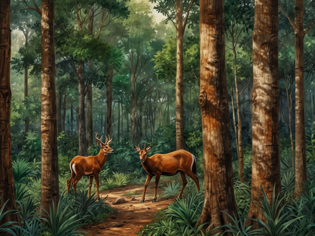 Auf dem Bild ist eine idyllische Szene aus den Chiquitano-Wäldern zu sehen. Zwei Rehe stehen auf einem schmalen Pfad zwischen hohen Bäumen und üppigem Grün. Diese Wälder sind ein unentdecktes Paradies, in dem viele Tierarten heimisch sind. Die Kombination aus dichten Wäldern und dem ruhigen Lebensraum schafft ideale Bedingungen für die Vielfalt der Flora und Fauna. Diese Rehe verkörpern die Schönheit und die natürliche Harmonie dieser einzigartigen Landschaft.