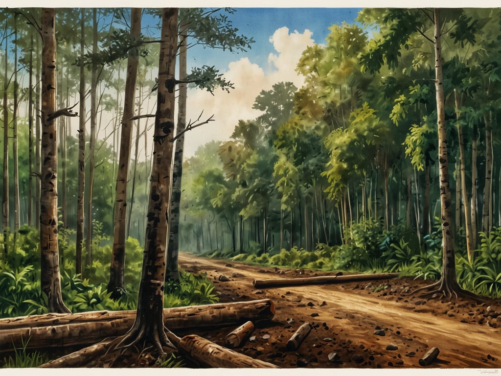 Das Bild zeigt eine Waldlandschaft mit Bäumen und einem Weg, der durch den Wald führt. Diese Darstellung könnte die Chiquitano-Wälder in Bolivien symbolisieren, die unter verschiedenen Gefahren leiden. 

### Gefahren für die Chiquitano-Wälder:
1. **Abholzung**: Intensive landwirtschaftliche Nutzung und illegale Holzernte führen zu einem drastischen Verlust an Waldflächen.
2. **Bodenerosion**: Durch die Rodung der Bäume werden der natürliche Boden und die Tierwelt destabilisiert, was zu Erosion und Verlust von Biodiversität führt.
3. **Klimawandel**: Veränderung der Wetterbedingungen beeinträchtigt die Baumarten und die ökologischen Abläufe im Wald.
4. **Wilderei**: Die Jagd auf bedrohte Tierarten hat direkte Auswirkungen auf das Ökosystem.

### Schutzmaßnahmen:
- **Nachhaltige Forstwirtschaft**: Förderung von Praktiken, die den Wald erhalten und gleichzeitig die Bedürfnisse der lokalen Gemeinden unterstützen.
- **Naturschutzgebiete**: Ausweisung und Schutz von Gebieten, um die biologische Vielfalt zu bewahren.
- **Aufklärung**: Sensibilisierung der Bevölkerung und der Behörden zu den ökologischen Werten der Wälder und der Notwendigkeit ihrer Erhaltung.

Der Schutz der Chiquitano-Wälder ist entscheidend für das ökologische Gleichgewicht und das Wohlergehen der dort lebenden Gemeinschaften.