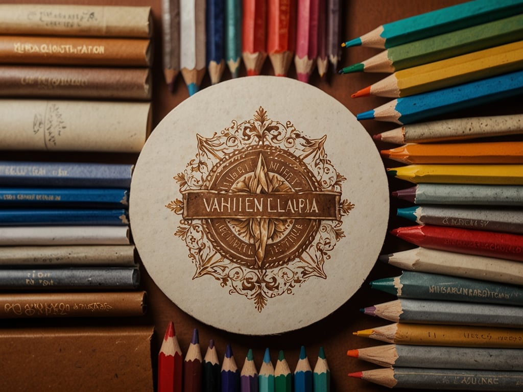 Auf dem Bild sind verschiedene Kunst- und Schreibutensilien zu sehen, die auf traditionelles Handwerk hinweisen. In der Mitte befindet sich ein kunstvoll gestalteter runder Karton mit dem Schriftzug 