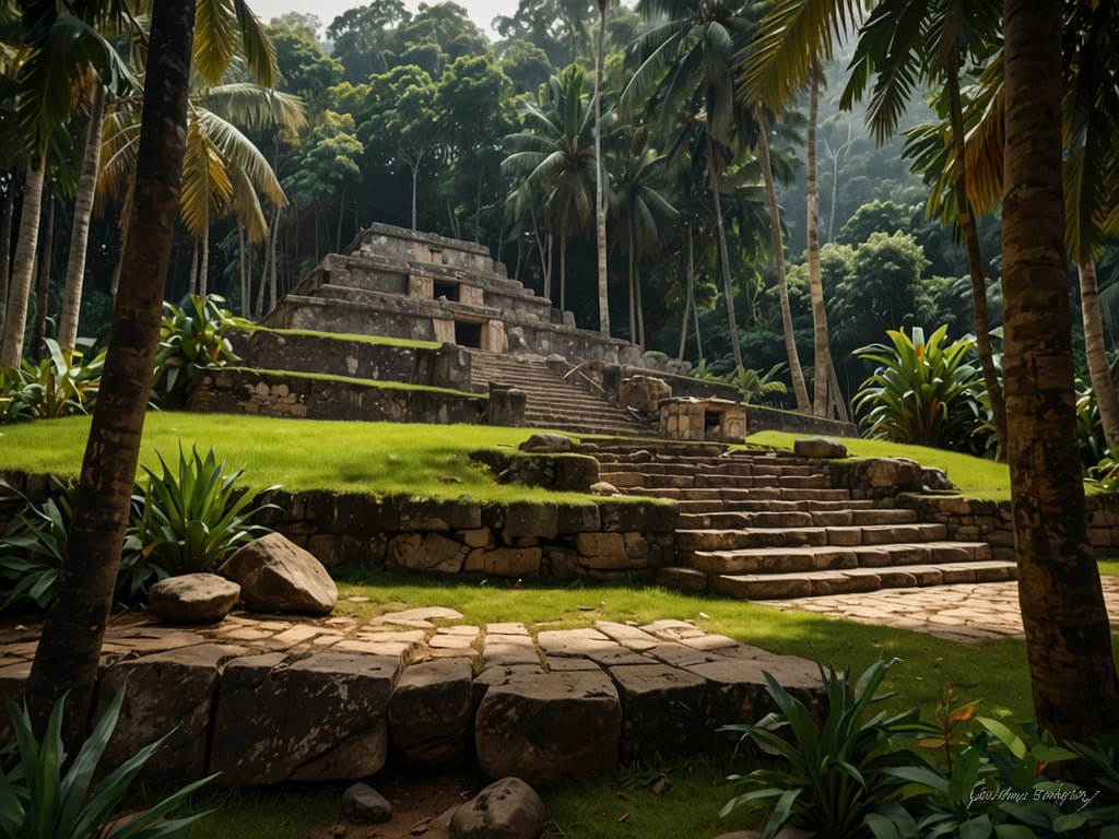Das Bild zeigt eine beeindruckende archäologische Stätte mit einer pyramidenförmigen Struktur, die von üppiger Vegetation umgeben ist. Dies erinnert an die archäologischen Schätze der Ciudad Perdida, die in den Tiefen des kolumbianischen Dschungels verborgen liegt. Diese alte Stadt, auch bekannt als 