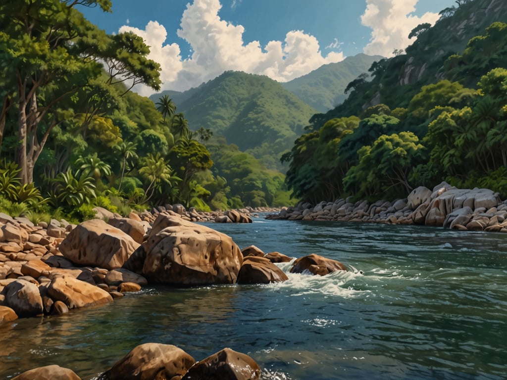 Auf dem Bild ist eine malerische Landschaft zu sehen, die eine ruhige Flusslandschaft inmitten von üppiger Natur zeigt. Die Herausforderungen des Abenteuers könnten darin bestehen, den Fluss zu erkunden und den besten Weg durch die Felsen zu finden. Vielleicht gibt es auch versteckte Gebiete, die es zu entdecken gilt, während man durch den dichten Wald wandert.

Die Belohnungen dieser Expedition sind die atemberaubenden Ausblicke auf die Umgebung, das Eintauchen in die Natur und die Ruhe des Wassers, die eine friedliche Auszeit bieten. Abenteurer könnten die Gelegenheit nutzen, Fotos von der beeindruckenden Umgebung zu machen oder einfach die frische Luft und die Schönheit der Landschaft zu genießen.