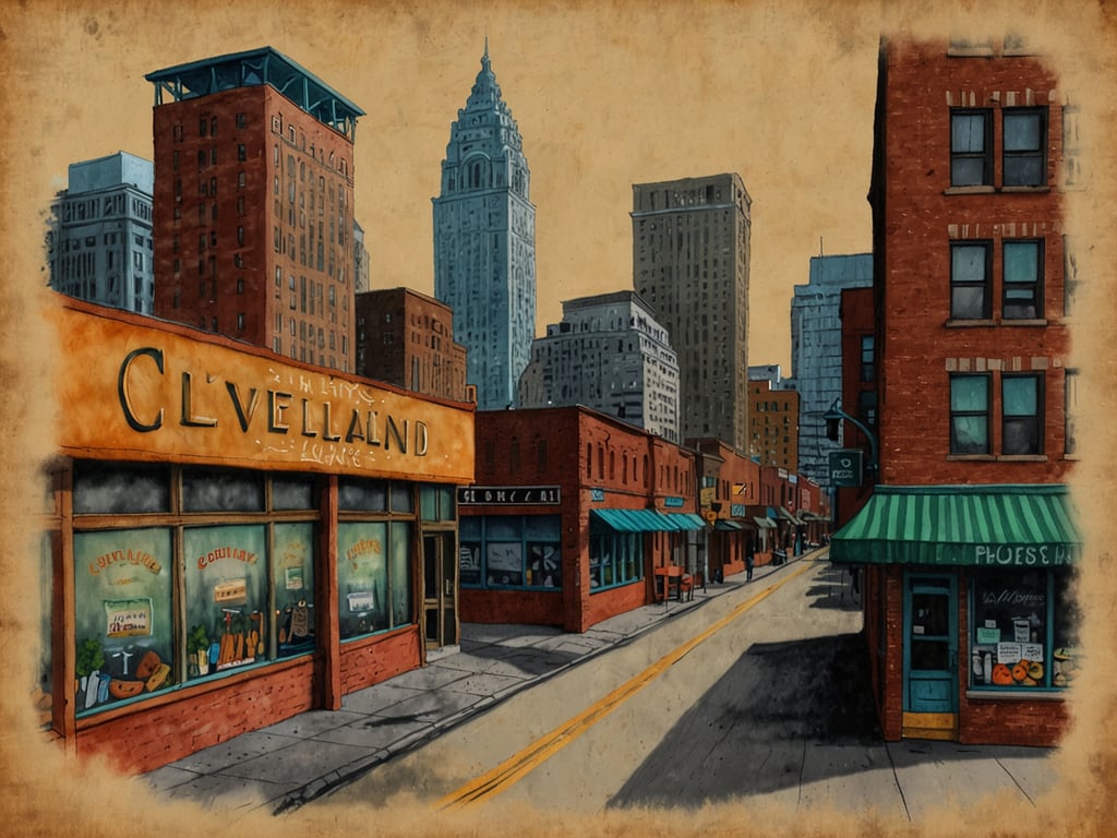 Auf dem Bild ist eine Straßenszene in Cleveland zu sehen, die von einem städtischen Flair geprägt ist. In der unteren linken Ecke sieht man ein Geschäft mit der Aufschrift 