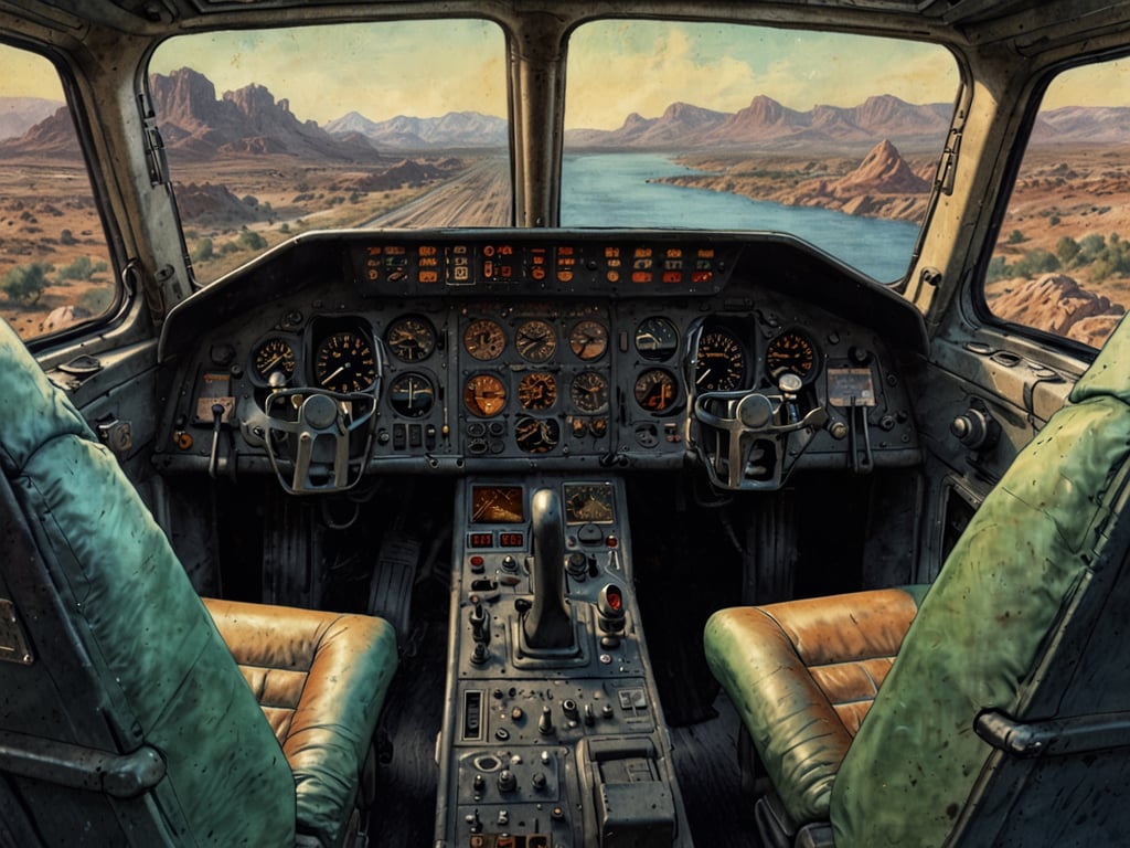 Auf dem Bild ist das Cockpit eines Flugzeugs zu sehen. Es zeigt die Instrumente und Bedienelemente, die Piloten zur Steuerung des Flugzeugs benötigen. Die Sitze sind in einem abgenutzten Zustand, und durch die Fenster kann man eine Landschaft mit Bergen und Wasser im Hintergrund erkennen.