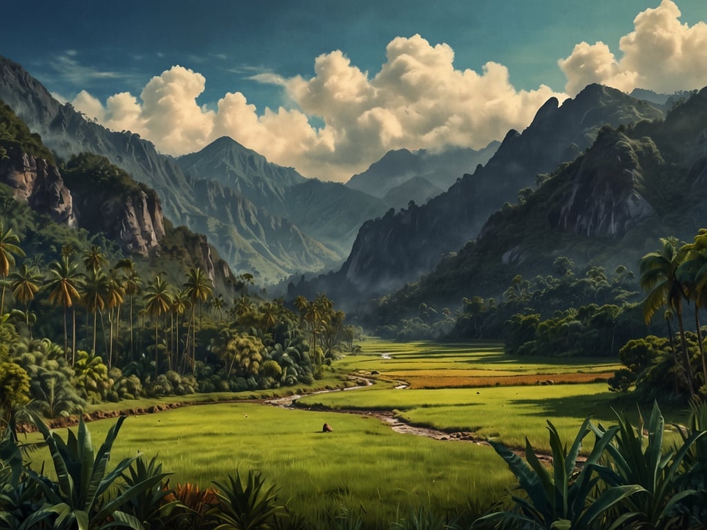 Das Bild zeigt eine atemberaubende Landschaft mit üppigem Grün, Bergen und einem kleinen Fluss, der durch das Tal fließt. Diese Szenerie erinnert an das Valle de Cocora in Kolumbien, ein malerisches Tal, das bekannt ist für seine hohen Wachspalmen und seine beeindruckende Natur. 

Die Geschichte hinter dem Namen Valle de Cocora liegt in der Region Quindío, wo das Tal seinen Namen von den Cocora-Indianern erhielt. Diese Indigene Gruppe lebte einst in der Region und gab dem Tal seinen Namen, der mit der vielfältigen Flora und Fauna und der atemberaubenden Landschaft in Verbindung steht. Das Valle de Cocora ist nicht nur ein beliebtes Ziel für Wanderer, sondern auch ein wichtiger Ort für den Erhalt von Biodiversität und Kultur in Kolumbien.
