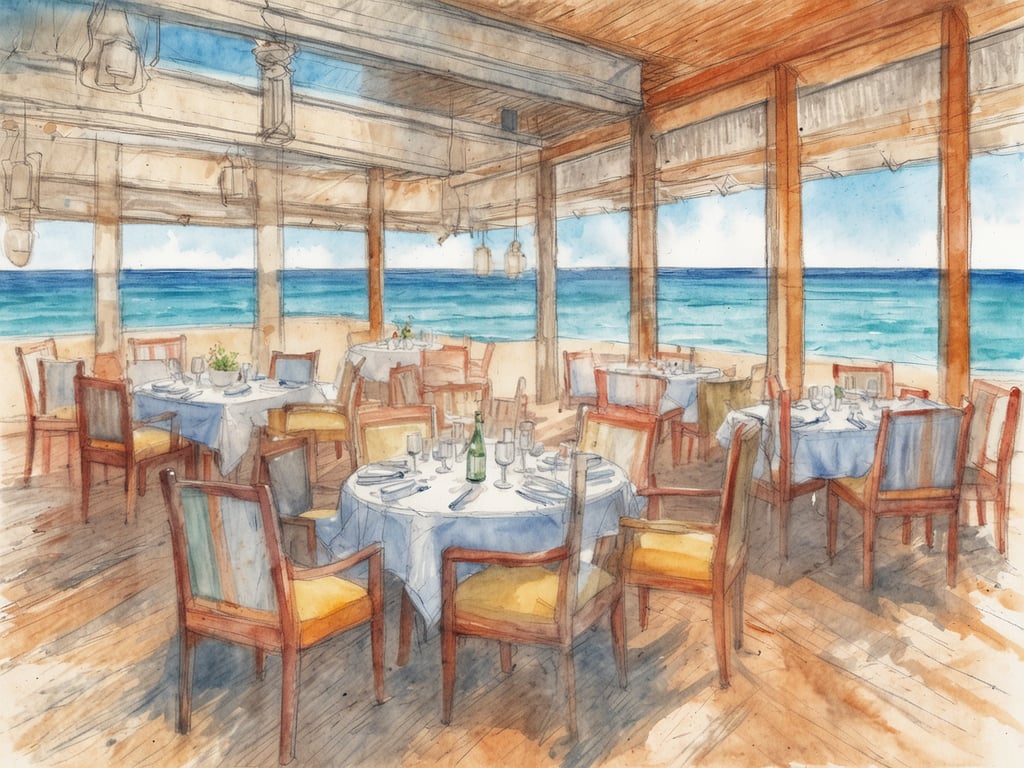 Auf dem Bild ist ein stilvoll eingerichtetes Restaurant zu sehen, das eine wunderbare Aussicht auf das Meer bietet. Die Tische sind elegant gedeckt, und die Anordnung der Stühle vermittelt ein einladendes Ambiente. Dieses Setting erinnert an die Gastronomie im COMO Maalifushi, wo Gäste eine exquisite Auswahl an Speisen und Getränken in einem luxuriösen, tropischen Umfeld genießen können. Die Kombination aus feiner Küche und atemberaubendem Meerblick schafft eine besondere Atmosphäre für unvergessliche Mahlzeiten.