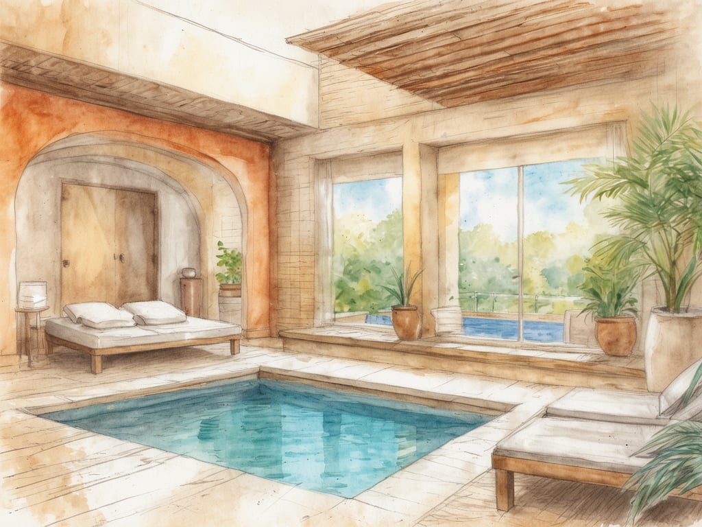 Auf dem Bild ist ein einladender Spa-Bereich zu sehen, der perfekt für Entspannung und Erholung gestaltet ist. Es gibt ein kleines Schwimmbecken, das zum Entspannen einlädt. Die großen Fenster lassen viel Licht herein und vermitteln eine ruhige, harmonische Atmosphäre, während man den Blick auf die grüne Umgebung genießen kann. Die bequemen Liegen mit Kissen und die Pflanzen schaffen eine beruhigende Umgebung, die ideal ist, um dem Alltagsstress zu entfliehen und new Energie zu tanken.