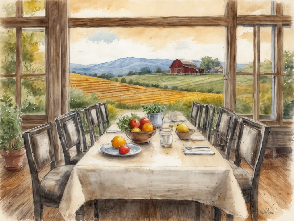 Auf dem Bild ist ein gedeckter Tisch zu sehen, der für ein kulinarisches Erlebnis vorbereitet ist. Der Tisch ist mit einer weißen Tischdecke dekoriert und mit frischen Früchten wie Äpfeln, Zitronen und Orangen geschmückt. Durch die großen Fenster hat man einen malerischen Blick auf die sanfte Hügellandschaft mit einem roten Bauernhof im Hintergrund. 

In einem kulinarischen Kontext wie im COMO Uma Paro könnte dieser Tisch im Rahmen eines einzigartigen Essens stehen, bei dem lokale Zutaten und traditionelle Gerichte im Vordergrund stehen. Die Atmosphäre lädt dazu ein, die frischen Aromen der Region in einem eleganten, aber einladenden Setting zu genießen. Die Kombination von natürlichem Licht und schöner Aussicht verstärkt das Erlebnis und macht das Essen zu einem unvergesslichen Genuss.