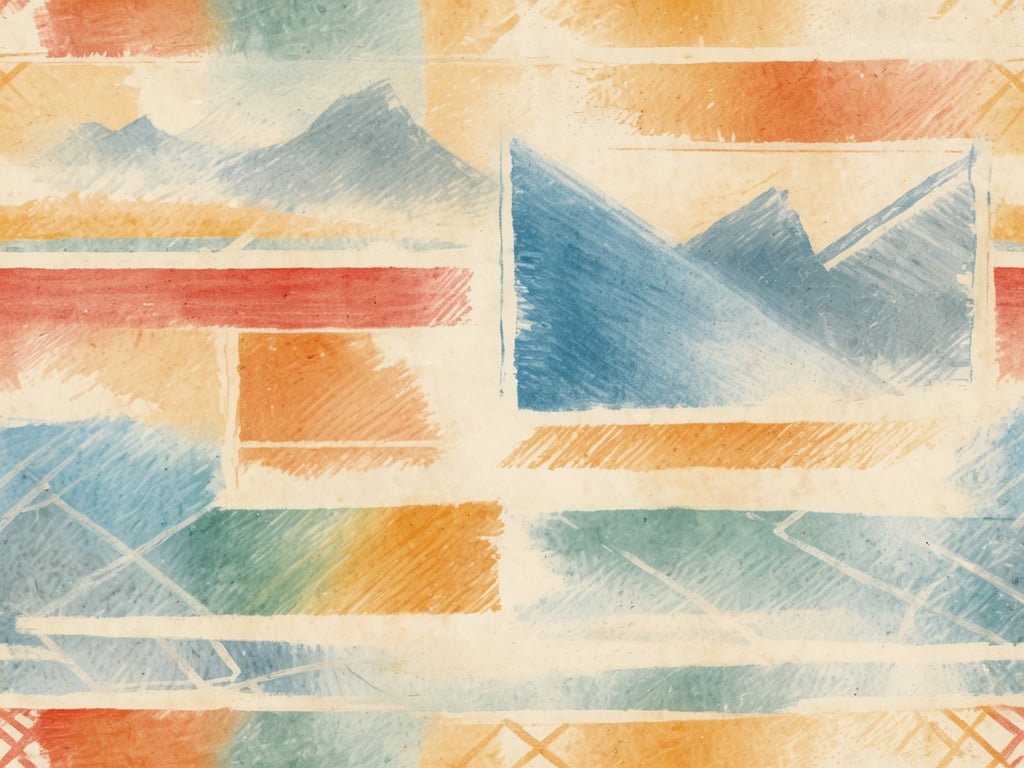 Auf dem Bild sind abstrakte Muster und Farbflächen in sanften Tönen zu sehen, die an Landschaften erinnern. Die Verwendung von Blau, Orange, Rot und verschiedenen Erdtönen vermittelt ein Gefühl von Tiefe und Ruhe. 

Gästebewertungen könnten beispielsweise Folgendes beinhalten: 

- „Die Farben auf dem Bild schaffen eine entspannende Atmosphäre in meinem Raum.“
- „Ich liebe die abstrakte Interpretation von Landschaften – es regt meine Fantasie an.“
- „Dieses Kunstwerk bringt Farbe ohne Überstimulation in mein Zuhause.“

Insgesamt vermittelt das Bild eine harmonische Stimmung, die viele Betrachter anspricht.
