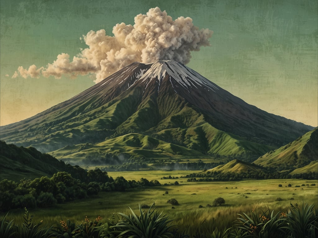 Auf dem Bild ist der Conchagua Vulkan im Fokus. Der Vulkan erhebt sich majestätisch mit einem schneebedeckten Gipfel, aus dem Rauchwolken aufsteigen. Die Landschaft um den Vulkan herum ist grün und hügelig, mit einer üppigen Vegetation, die eine friedliche Atmosphäre schafft. Der Himmel hat einen sanften Farbverlauf, was dem Bild eine malerische und dramatische Stimmung verleiht.