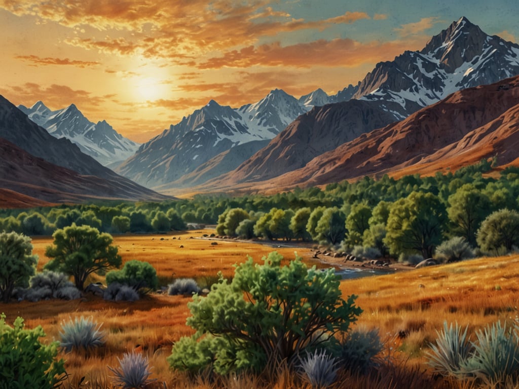 Auf dem Bild ist eine malerische Landschaft mit majestätischen Bergen und einem Sonnenuntergang zu sehen. Die sanften Hügel sind von üppigem Grün und vereinzelten Büschen umgeben, während ein ruhiger Fluss durch das Tal fließt. Diese Szenerie erinnert an erlebnisreiche Wanderungen auf den Conchagua, wo man die atemberaubende Natur, die frische Luft und die Vielfalt der Landschaft genießen kann. Die Kombination aus Bergen und üppiger Vegetation bietet perfekte Bedingungen für Abenteuer in der Natur und eindrucksvolle Panoramen, die zum Verweilen einladen.