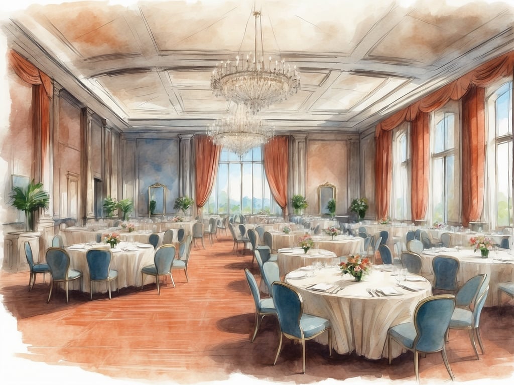 Auf dem Bild ist ein eleganter Veranstaltungsraum zu sehen, der ideal für Hochzeiten, Bankette oder offizielle Empfänge geeignet ist. Der Raum ist hell und großzügig gestaltet, mit großen Fenstern, die viel Tageslicht einlassen. Der Boden ist aus Holz und die Wände sind in sanften Farben gehalten.

Runde Tische mit weißen Tischdecken und blauen Stühlen sind im Raum verteilt, und jeder Tisch ist mit Blumenarrangements dekoriert. Ein Kronleuchter sorgt für eine festliche Atmosphäre. Der Raum eignet sich auch hervorragend für Tagungen und Konferenzen, da er Platz für eine größere Anzahl von Gästen oder Teilnehmern bietet. 

Zusätzlich könnte dieser Raum auch die Möglichkeit für audiovisuelle Technik bieten, um Präsentationen oder Reden zu unterstützen.