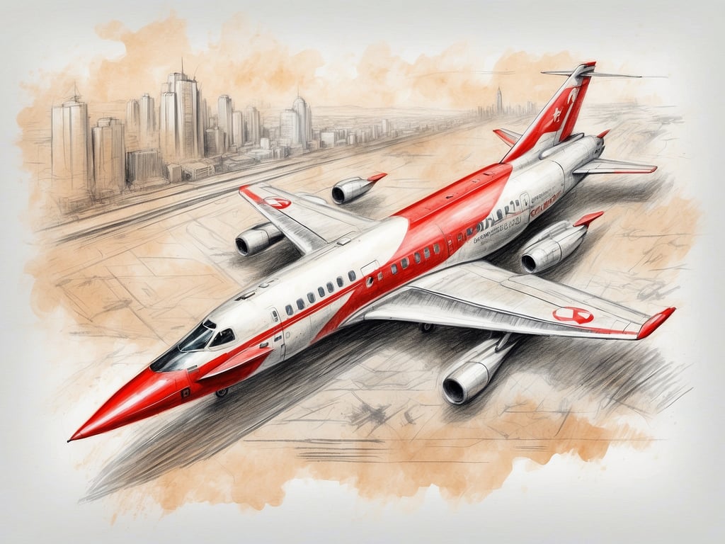 Auf dem Bild ist ein Flugzeug mit rotem und silbernem Design zu sehen, das auf einer Startbahn positioniert ist. Im Hintergrund sind hohe Gebäude einer Stadt angedeutet, was auf einen urbanen Flughafen hindeutet. 

Besondere Angebote könnten spezielle Flugtarife oder Promotions für Reisen mit dieser Fluggesellschaft umfassen. Aktivitäten könnten beispielsweise Flugbesichtigungen, Tag der offenen Tür im Flughafen oder spezielle Events für Flugbegeisterte sein.