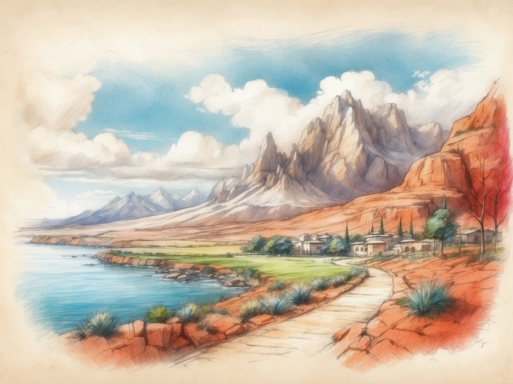 Auf dem Bild ist eine malerische Landschaft zu sehen, die von majestätischen Bergen im Hintergrund geprägt ist. Diese Berge haben eine markante Form und scheinen direkt aus der Erde zu ragen. Im Vordergrund fließt ein ruhiges Gewässer, das an eine grüne Uferlinie grenzt. 

Entlang des Wassers verläuft ein geschwungener Pfad, der sich durch die Landschaft schlängelt. Auf der rechten Seite sind einige Gebäude sichtbar, die von Bäumen und Sträuchern umgeben sind. Diese Umgebung vermittelt eine ruhige und friedliche Atmosphäre, ideal für Natur- und Landschaftsliebhaber. Der Himmel ist hell und wolkenverhangen, was dem ganzen Bild eine sanfte Lichtstimmung verleiht.