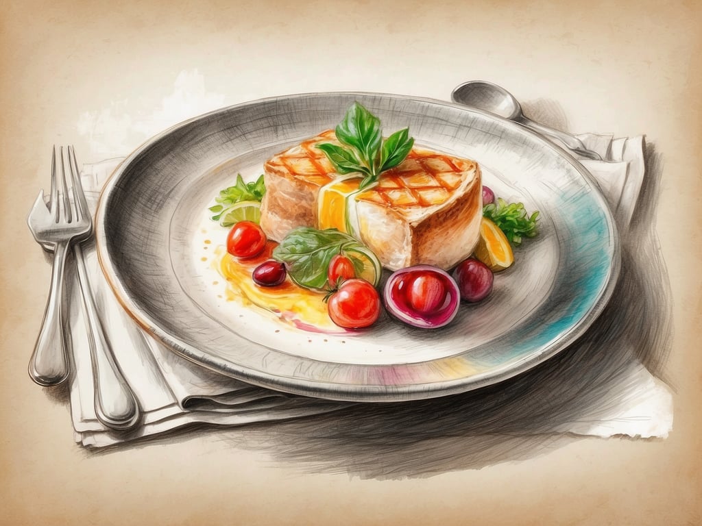 Auf dem Bild ist ein kunstvoll angerichtetes Gericht zu sehen. Es handelt sich um eine Art gegrilltes oder gebratenes Stück Fleisch, das möglicherweise mit einer leckeren Soße serviert wird. Um das Hauptgericht herum sind verschiedene frische Beilagen platziert, darunter kleine Tomaten in verschiedenen Farben und einige Blätter von frischen Kräutern. Die Kombination aus warmem Fleisch und frischen Zutaten schafft ein ansprechendes Dining-Erlebnis, das sowohl ästhetisch als auch geschmacklich reizvoll wirkt. Die Präsentation auf dem eleganten Teller ist einladend und deutet auf eine gehobene gastronomische Erfahrung hin.