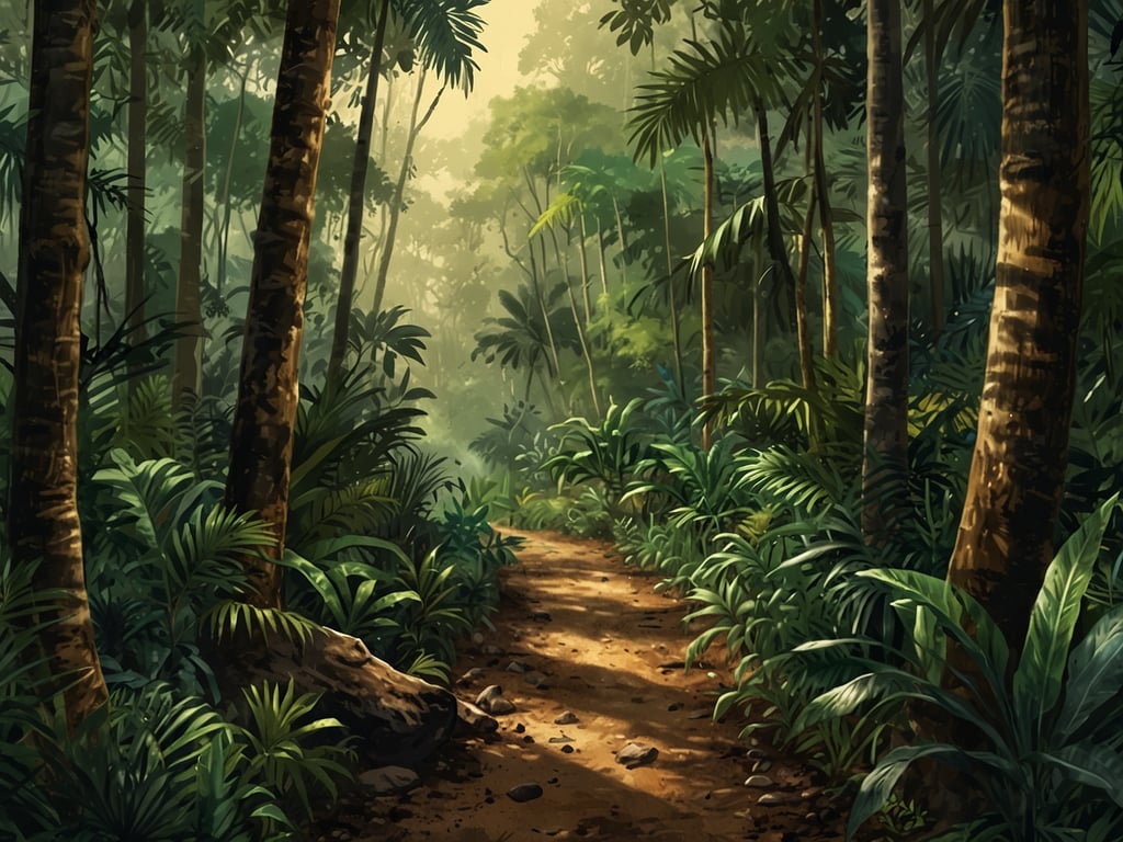 Auf dem Bild ist ein dichter, grüner Regenwald mit einem schmalen Pfad zu sehen. Diese Szenerie könnte perfekt in den Corcovado Nationalpark passen, der für seine beeindruckende Biodiversität bekannt ist. Hier gibt es eine Vielzahl faszinierender Tiere, darunter Gürteltiere, Jaguare und verschiedene Vogelarten. Die üppige Vegetation bietet Lebensraum für zahlreiche Arten und trägt zur einzigartigen ökologischen Vielfalt des Parks bei.