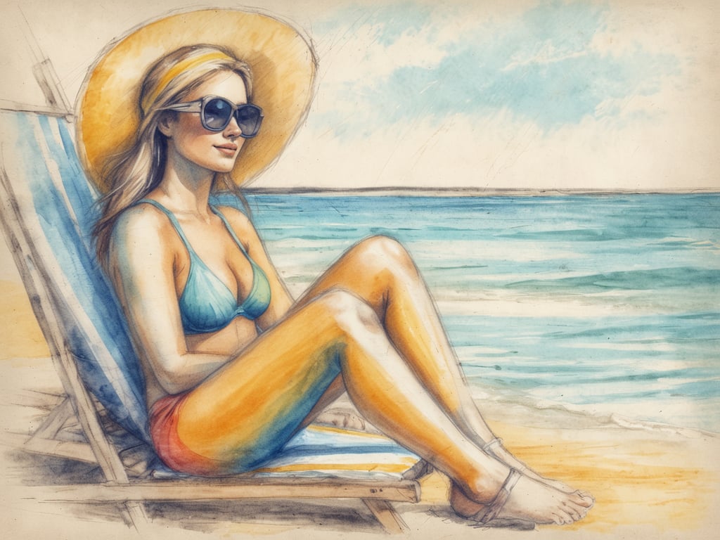 Auf dem Bild ist eine Frau zu sehen, die entspannt an einem paradiesischen Strand sitzt. Sie trägt eine Sonnenbrille und einen großen Sonnenhut, während sie auf einer Liegestuhl wartet. Solche Strände laden zu verschiedenen Aktivitäten ein, wie Sonnenbaden, Schwimmen im klaren Wasser, Strandspaziergängen oder einfach nur dem Rauschen der Wellen zuzuhören. Der Ort scheint ideal zu sein, um die Seele baumeln zu lassen und die warme Sonne zu genießen.