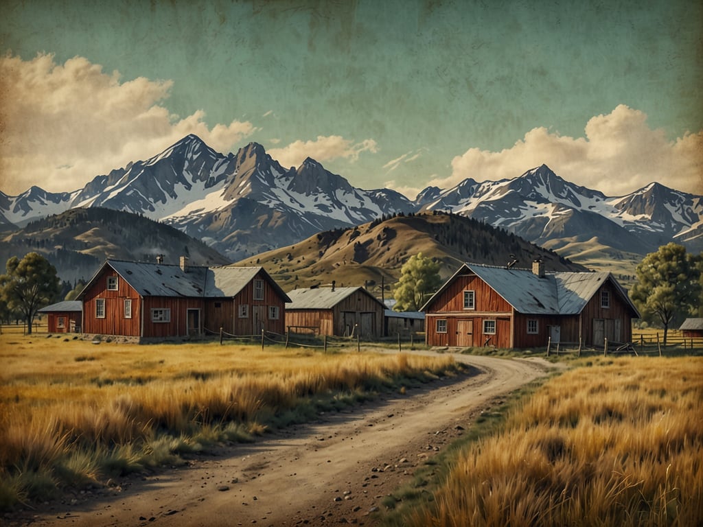 Auf dem Bild sind ländliche Gebäude in einer malerischen Umgebung zu sehen, die an die Region um Coyhaique in Chile erinnern könnte. Hinter den rot gestrichenen Häusern erheben sich majestätische Berge, die teilweise mit Schnee bedeckt sind. Die Landschaft zeigt weite, goldene Grasflächen und einen geschwungenen Feldweg, der durch die Idylle führt. Diese typisch patagonische Szenerie vermittelt ein Gefühl von Ruhe und Naturverbundenheit, was die Schönheit und den Charme der Umgebung von Coyhaique widerspiegelt.