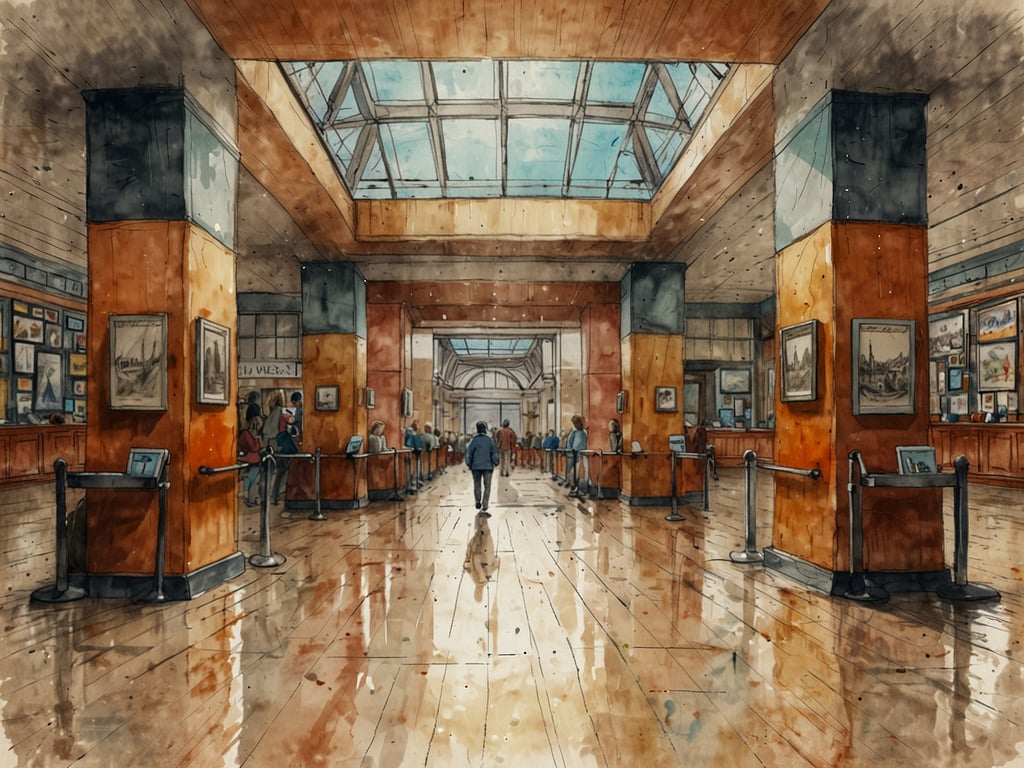 Auf dem Bild ist eine Galerie oder ein Museum zu sehen. Es zeigt einen offenen Raum mit einem hellen, freundlichen Ambiente, das durch große Fenster im Dach noch verstärkt wird. Besucher schlendern durch die Ausstellung, einige stehen an Informationsständen oder bewundern die Kunstwerke an den Wänden. Die Holzböden und warmen Farben der Säulen sorgen für eine einladende Atmosphäre.

Die Erlebniswelt vor Ort ist oft geprägt von der Möglichkeit, sich mit verschiedenen Kunstwerken und kulturellen Exponaten auseinanderzusetzen. Viele Besucher berichten von der inspirierenden Wirkung der ausgestellten Werke und der angenehmen Ruhe, die in einem solchen Umfeld herrscht. Es gibt häufig Führungen oder Workshops, die zu einem noch intensiveren Erlebnis einladen und den Besuchertag bereichern.
